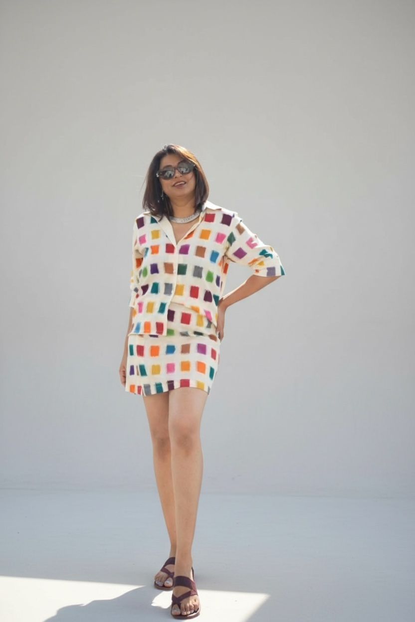Handwoven Ikat Multicoloured Shirt & Skirt Set