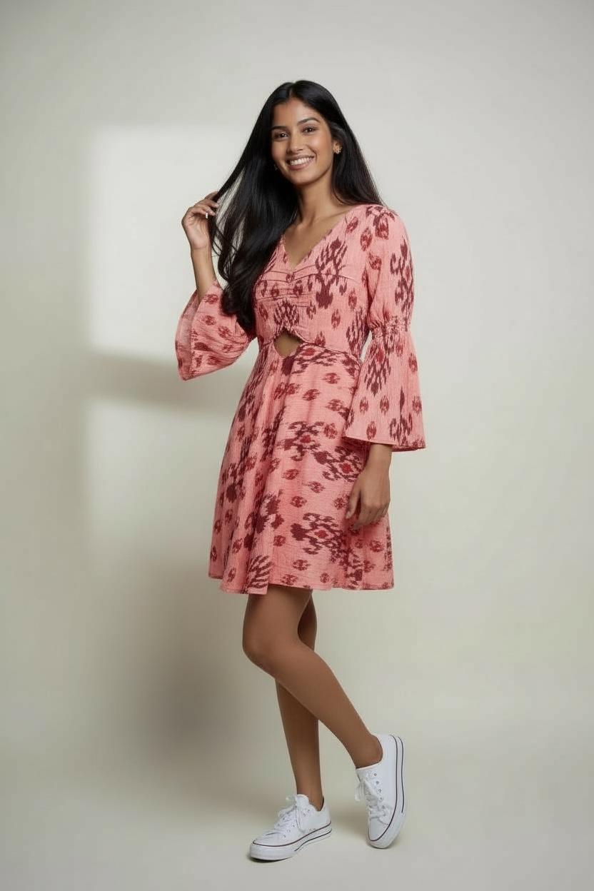 Ikat Peach Scallop Dress