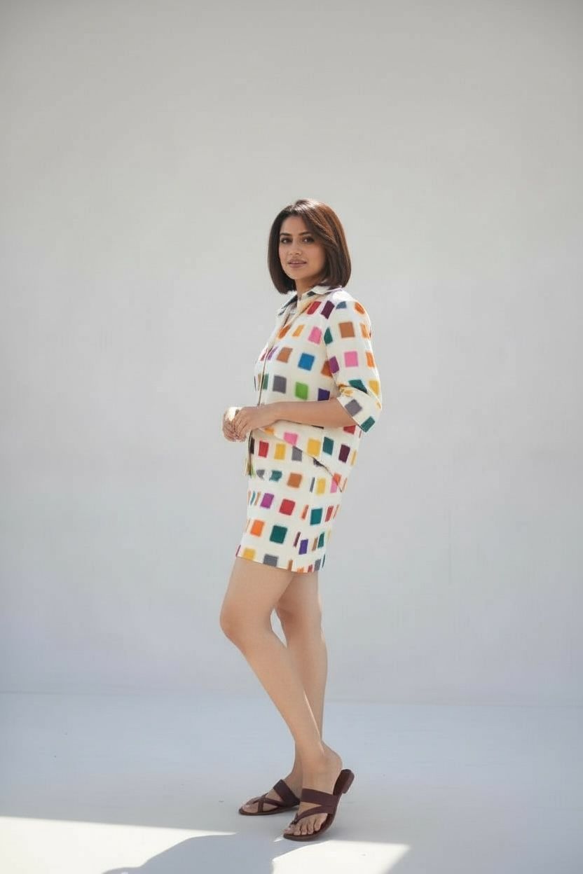 Handwoven Ikat Multicoloured Shirt & Skirt Set