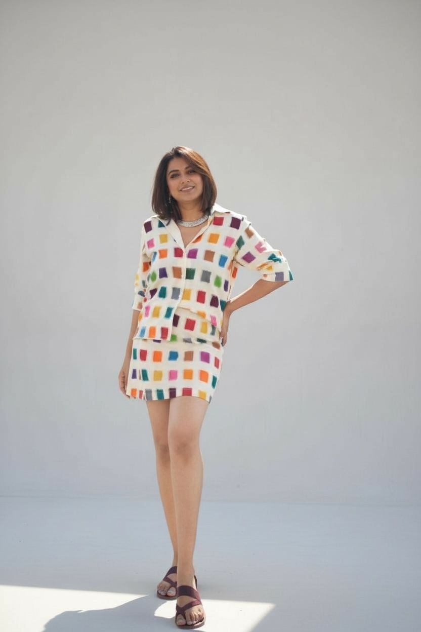 Handwoven Ikat Multicoloured Shirt & Skirt Set