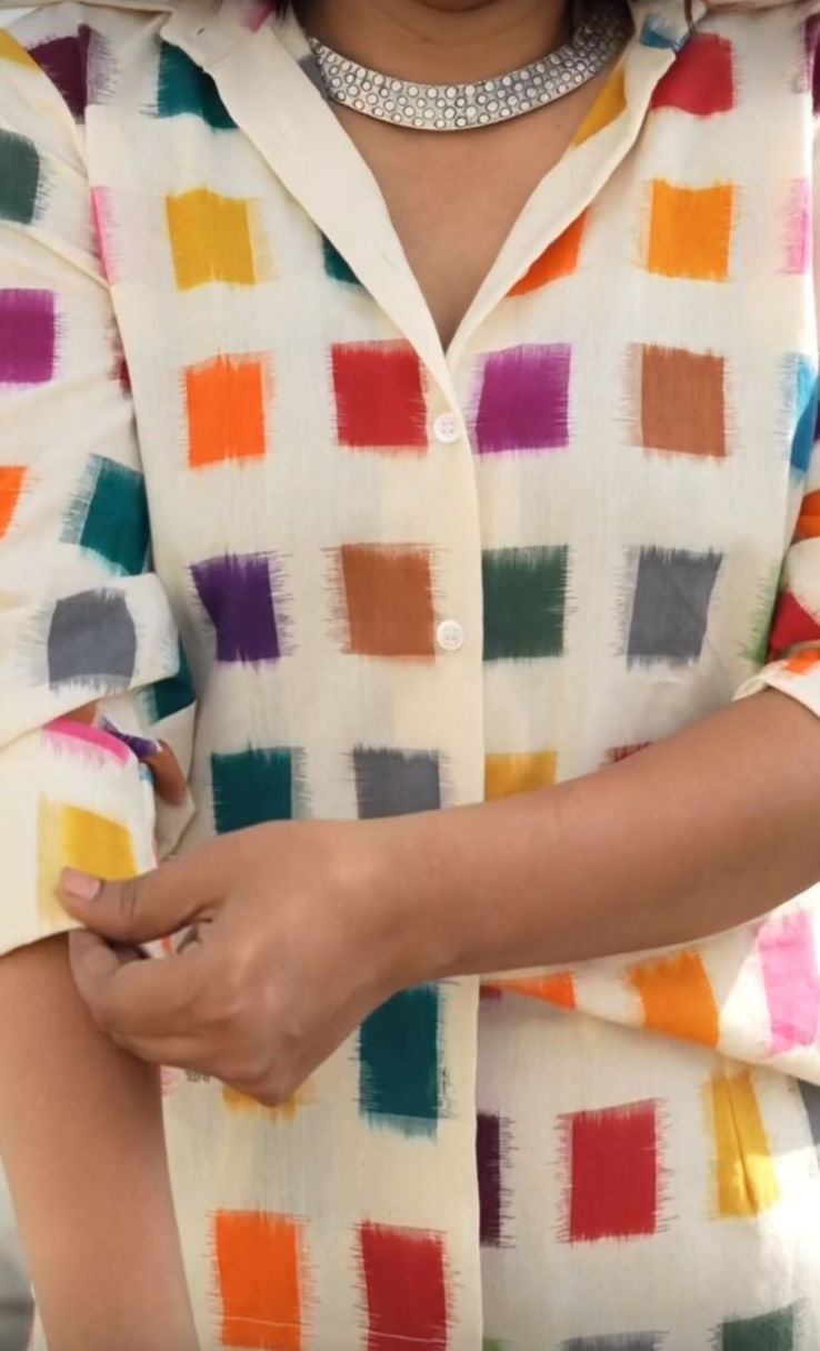 Handwoven Ikat Multicoloured Shirt & Skirt Set