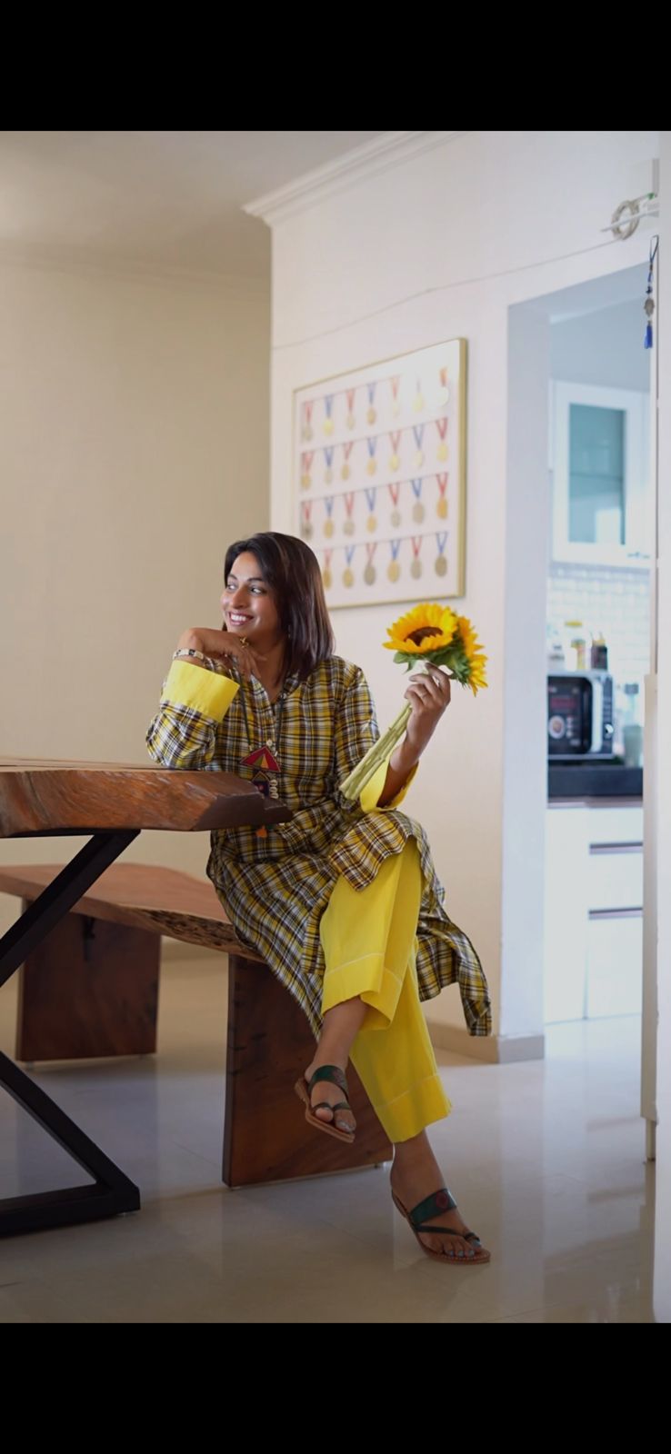 Mustard Handloom Checks Long Tunic Coord Set