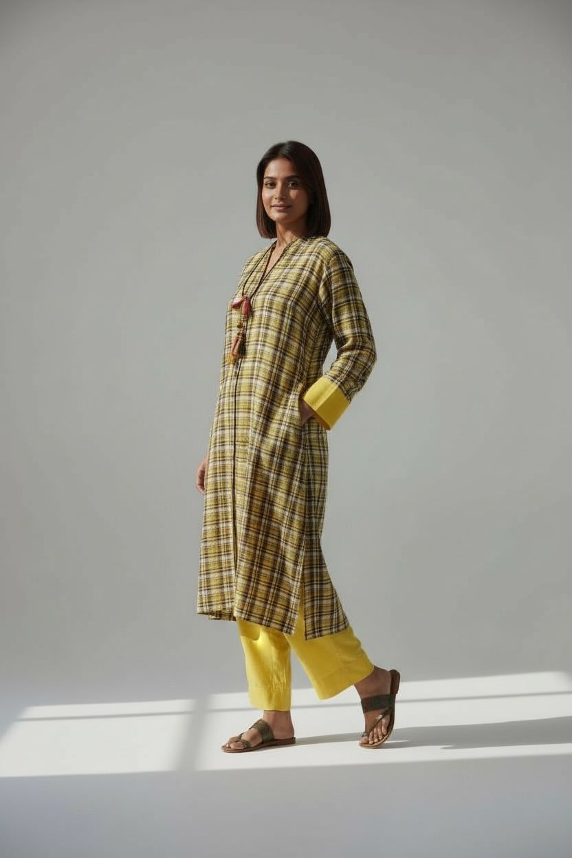Mustard Handloom Checks Long Tunic Coord Set