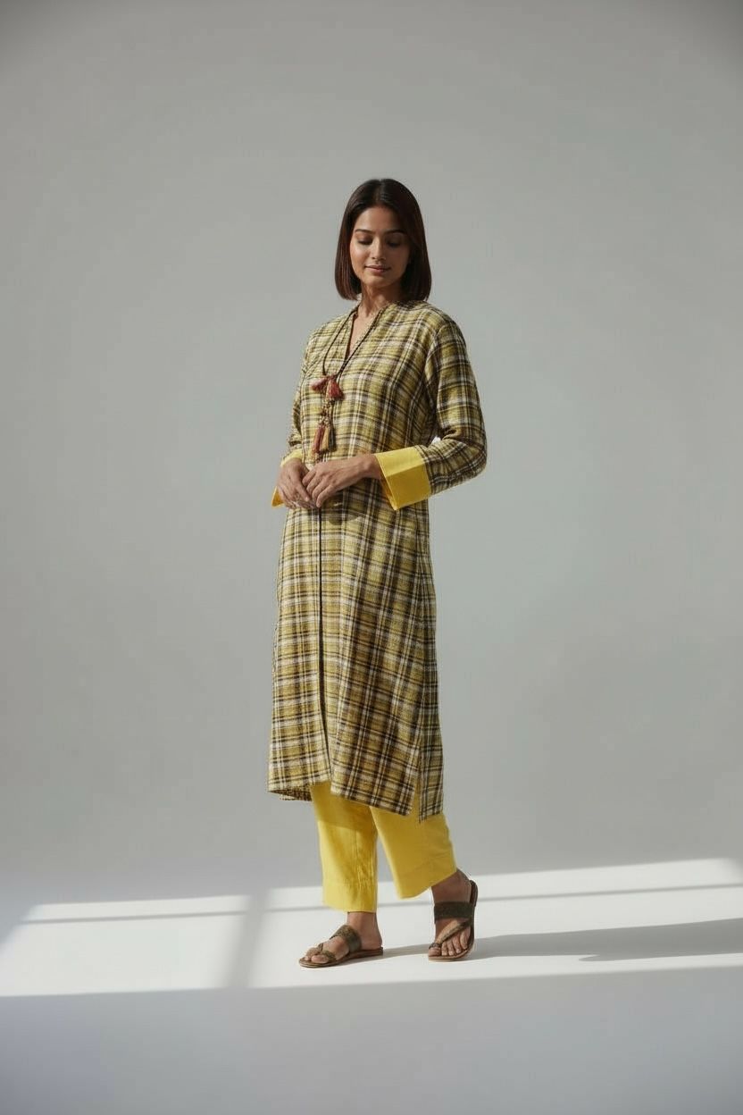 Mustard Handloom Checks Long Tunic Coord Set