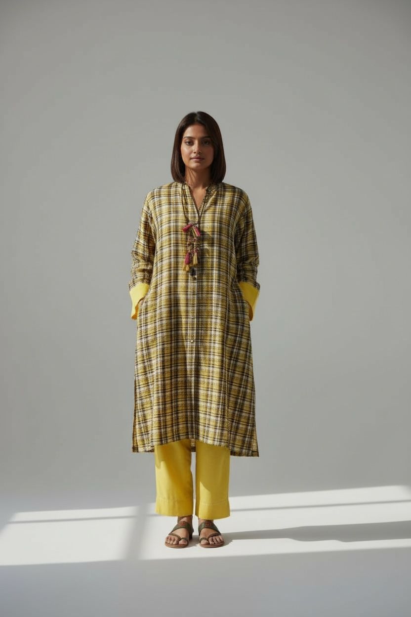 Mustard Handloom Checks Long Tunic Coord Set