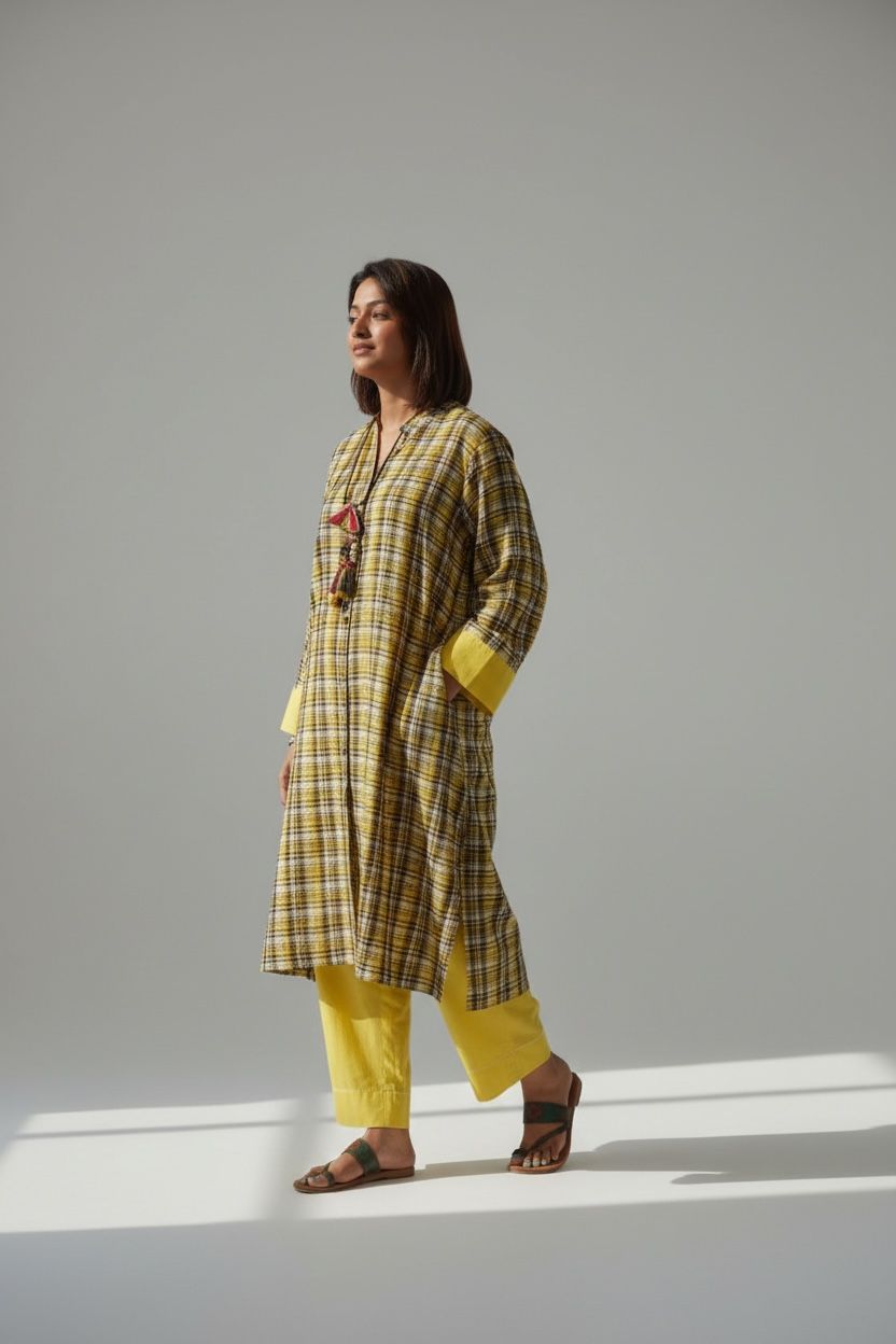 Mustard Handloom Checks Long Tunic Coord Set