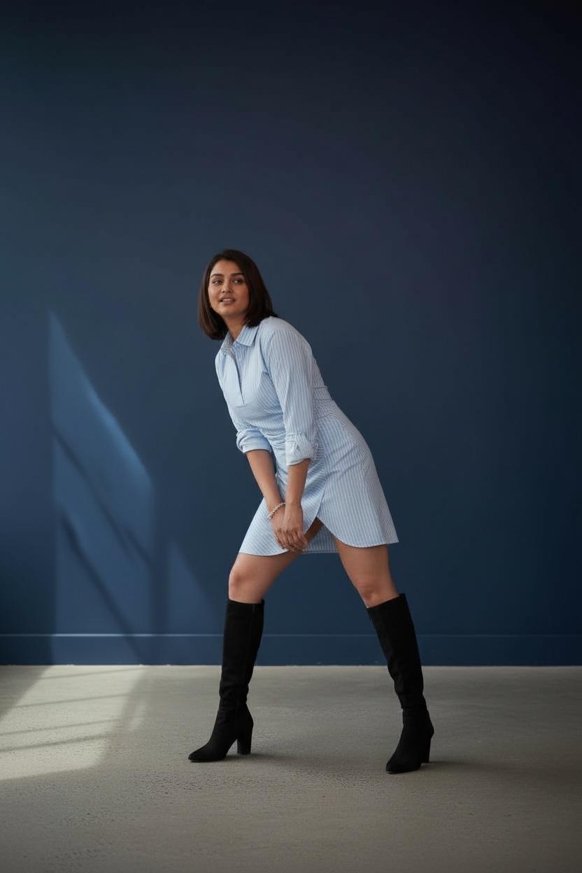 Blue Striped pleated Shirt Dress