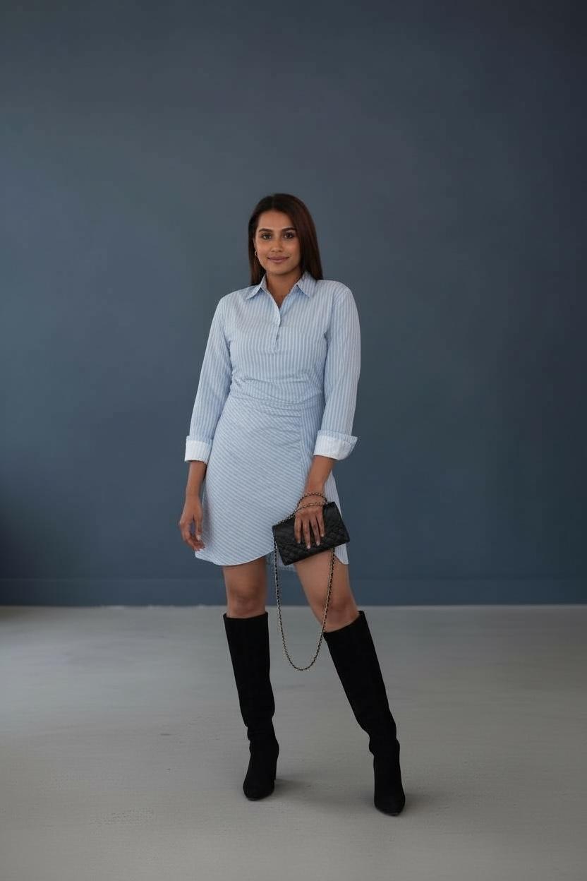 Blue Striped pleated Shirt Dress