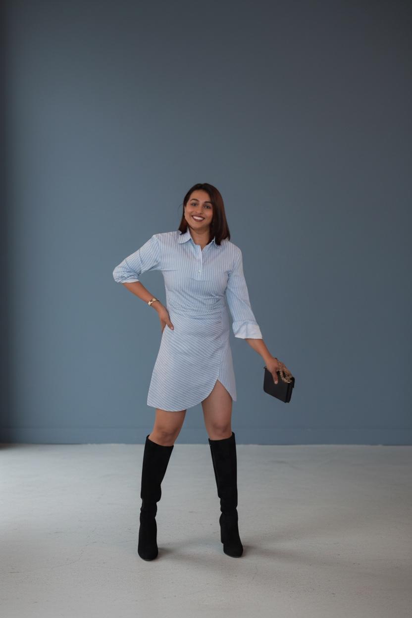 Blue Striped pleated Shirt Dress