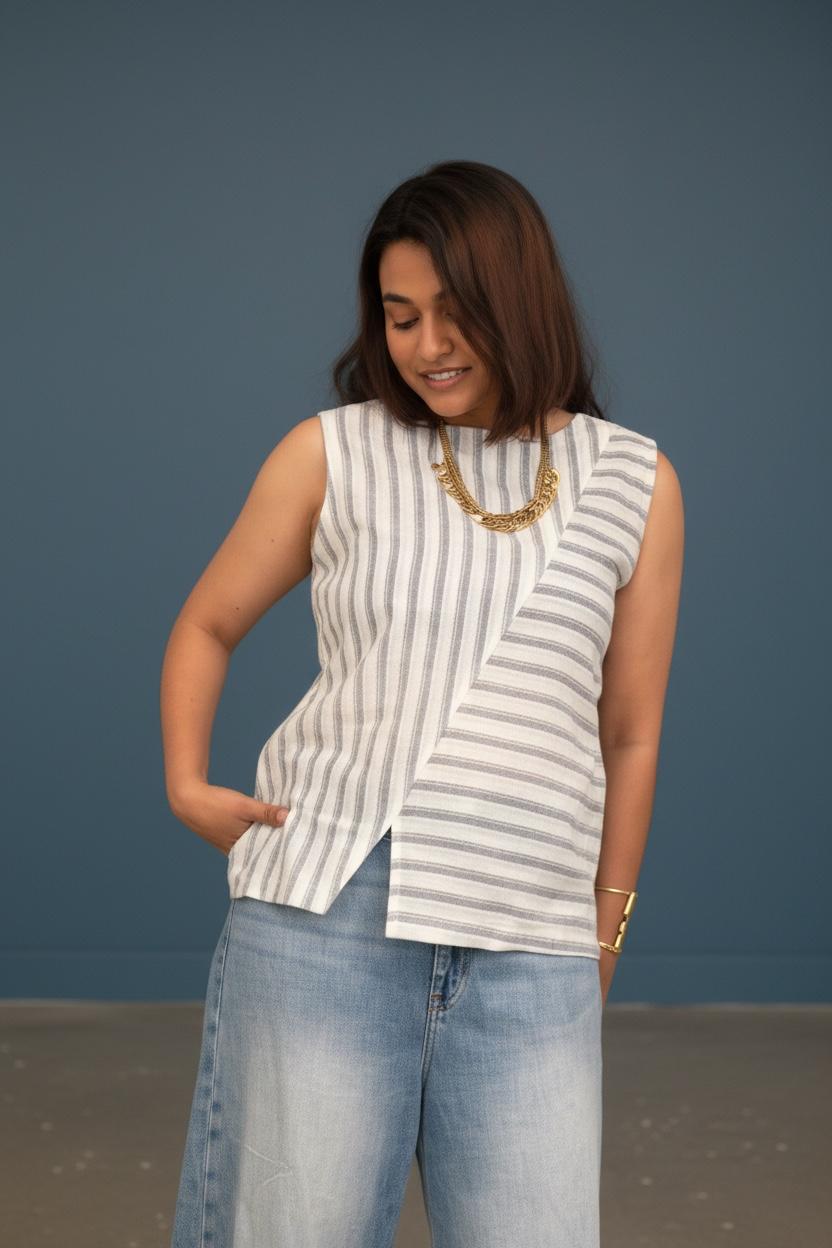 Handloom cotton top with Blue Stripes