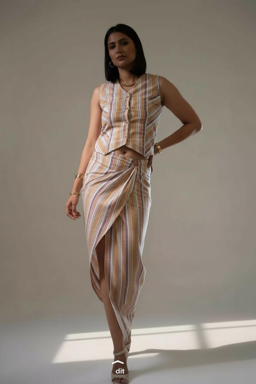 Handloom Stripes Waistcoat Skirt Coord Set