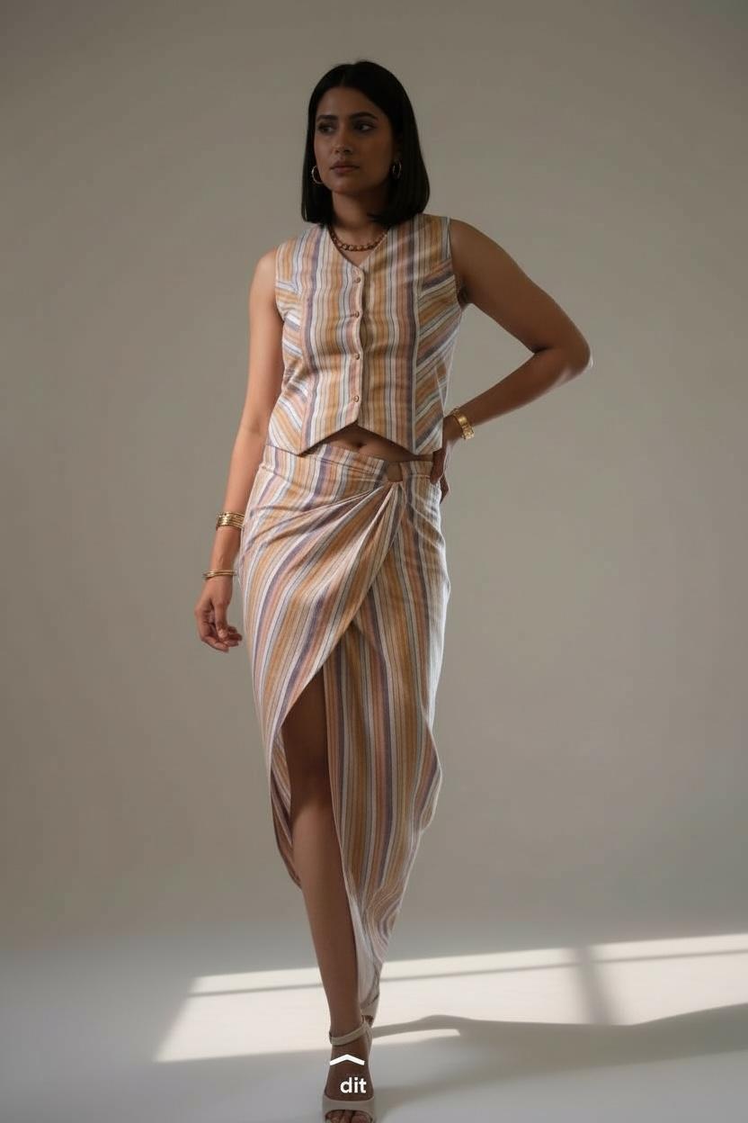 Handloom Stripes Waistcoat Skirt Coord Set