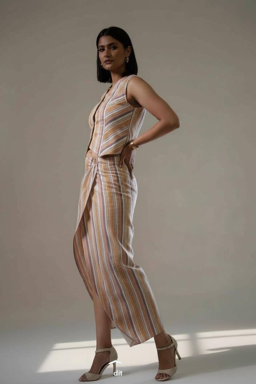 Handloom Stripes Waistcoat Skirt Coord Set