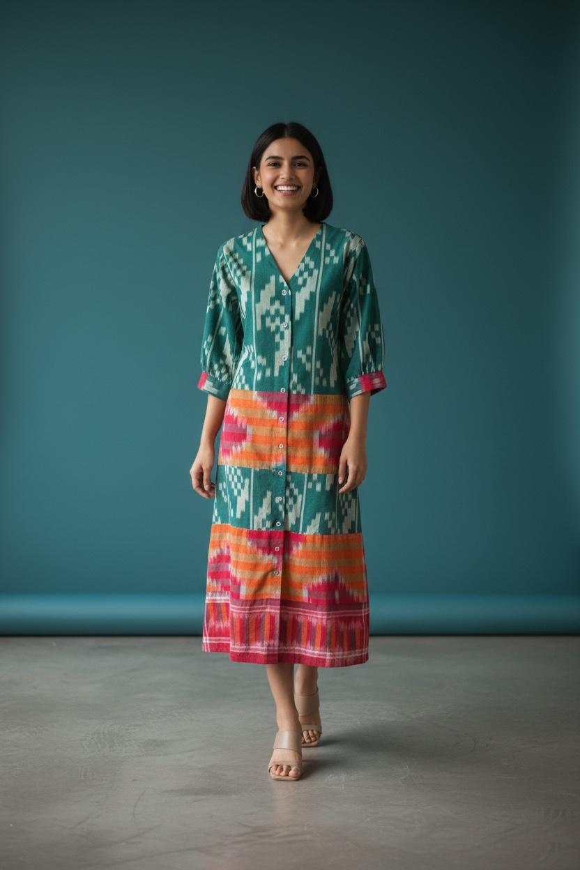 Emerald Green Ikat weave shirt dress