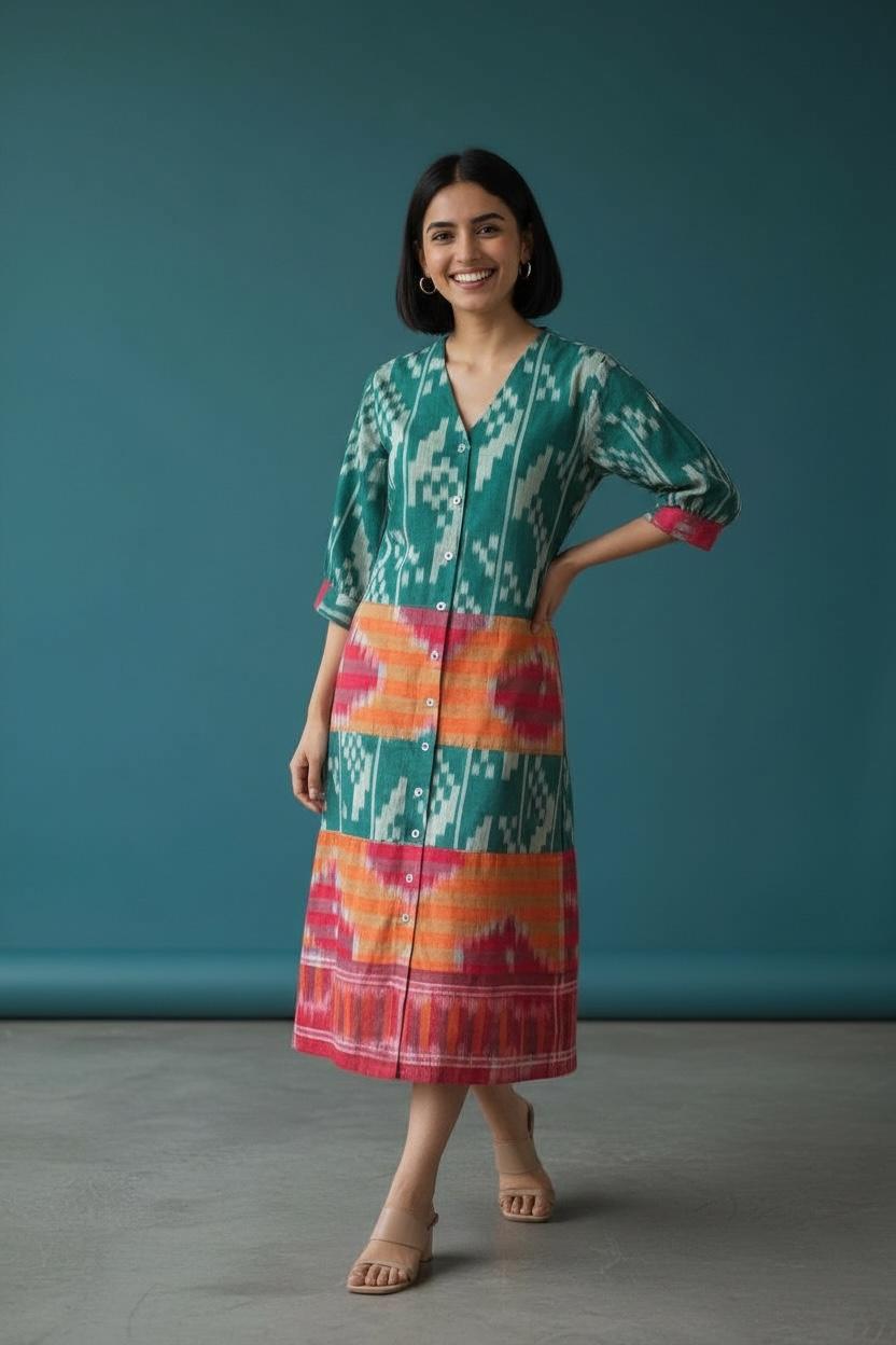 Emerald Green Ikat weave shirt dress