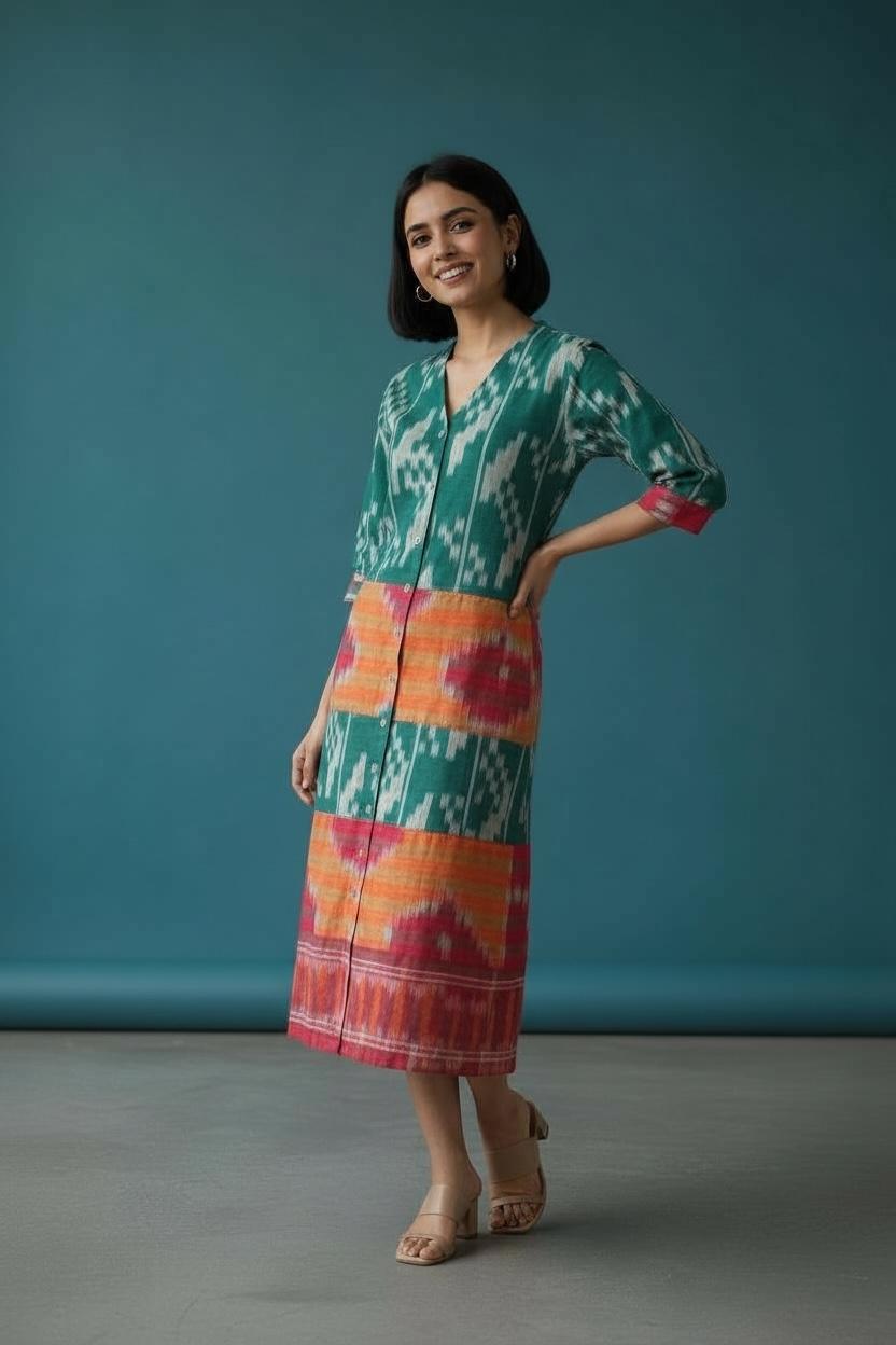 Emerald Green Ikat weave shirt dress