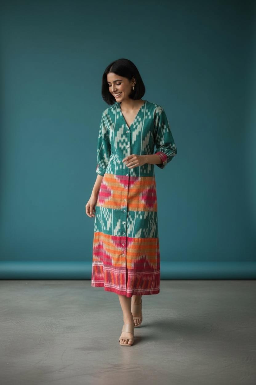 Emerald Green Ikat weave shirt dress