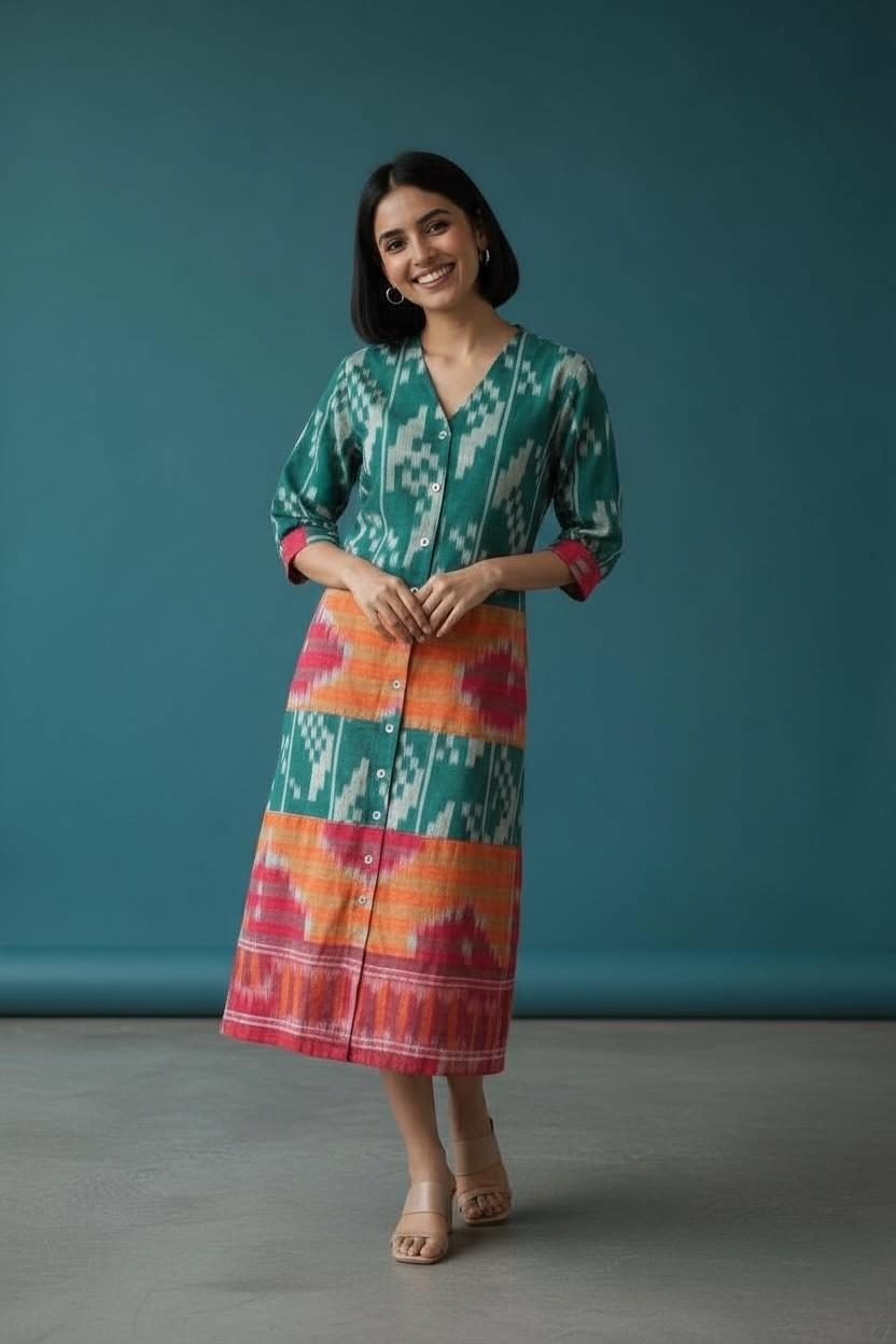 Emerald Green Ikat weave shirt dress