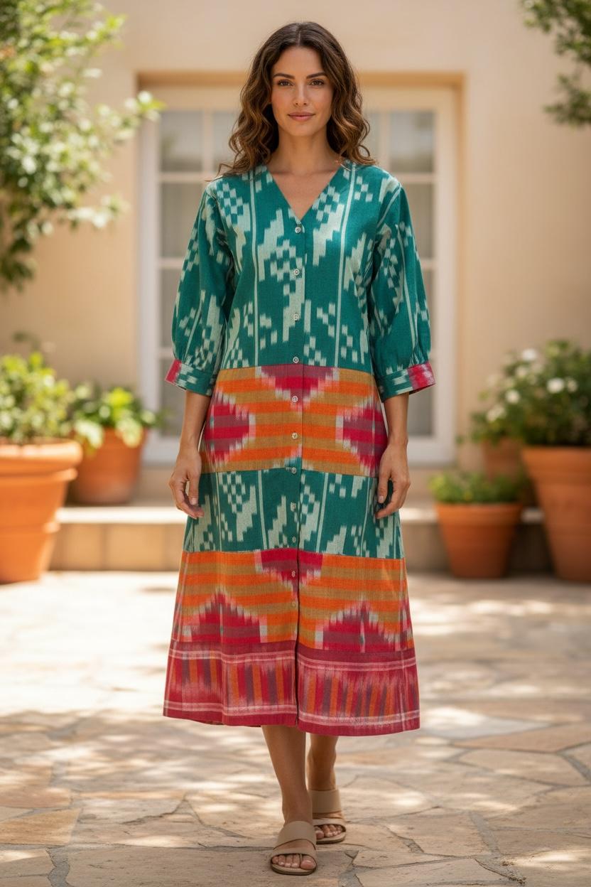 Emerald Green Ikat weave shirt dress
