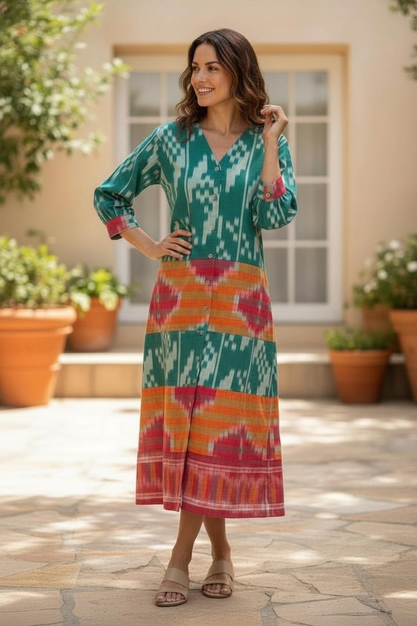 Emerald Green Ikat weave shirt dress