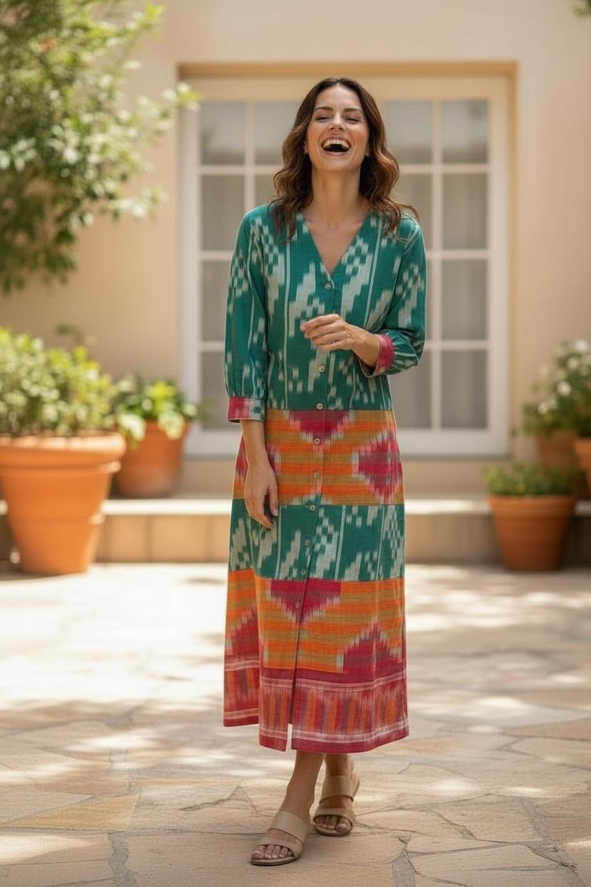 Emerald Green Ikat weave shirt dress