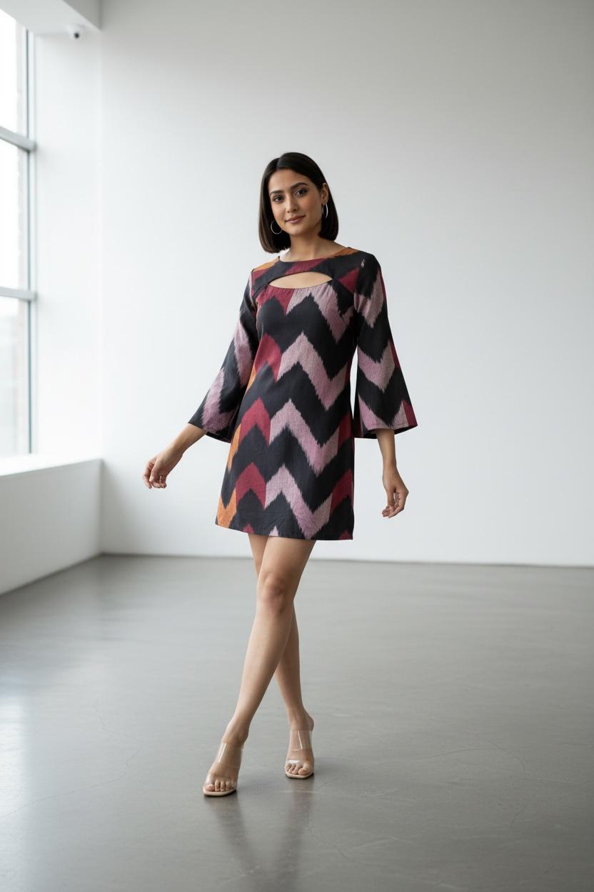 Handwoven Ikat Bell Sleeves Dress