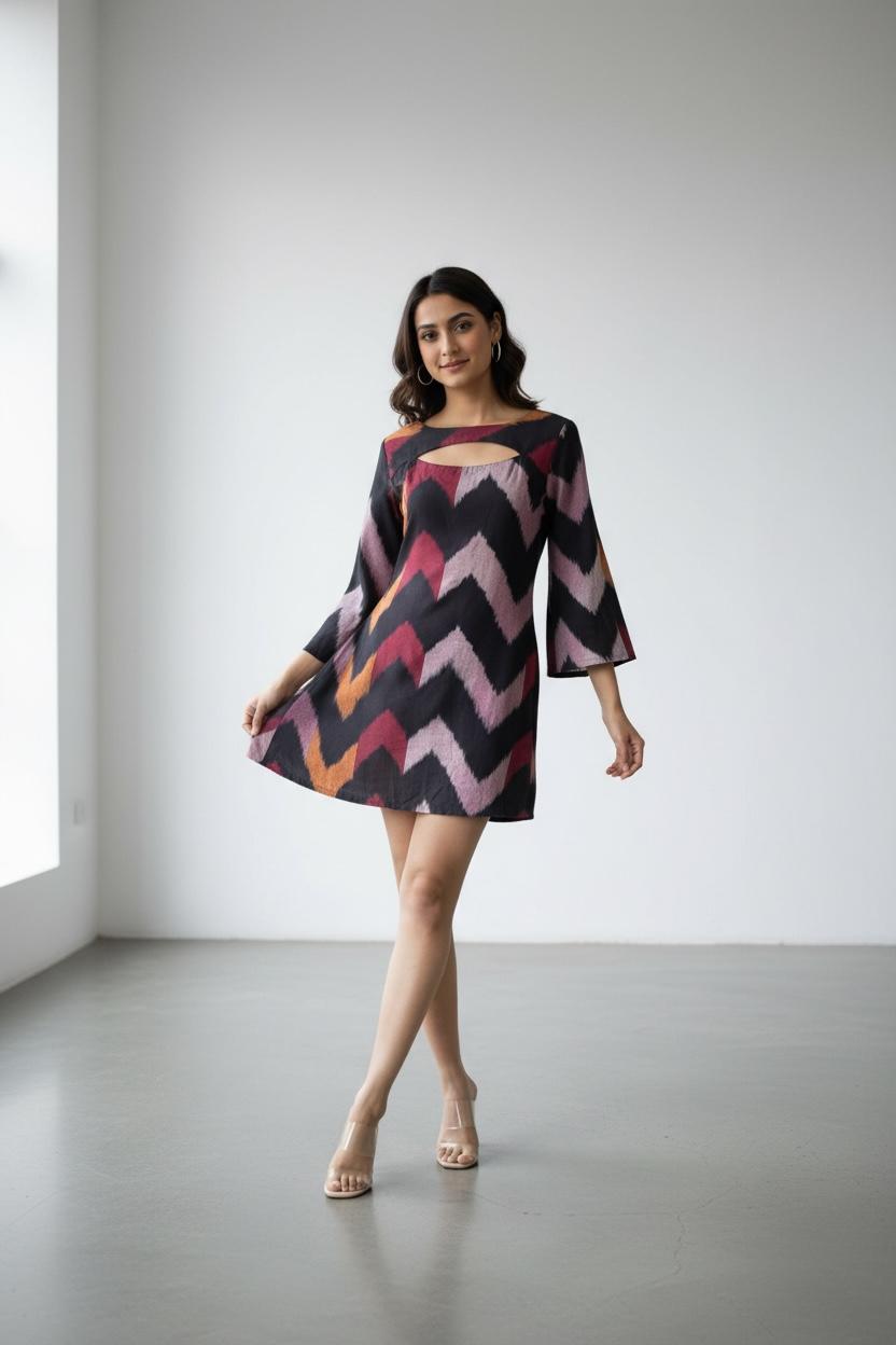 Handwoven Ikat Bell Sleeves Dress