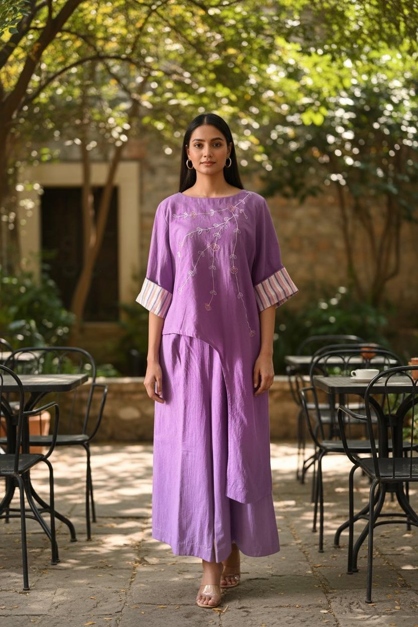 Lilac Embroidered Handloom Cotton Long Tunic Pants Coord Set