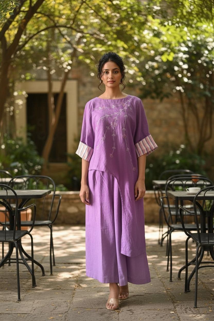 Lilac Embroidered Handloom Cotton Long Tunic Pants Coord Set