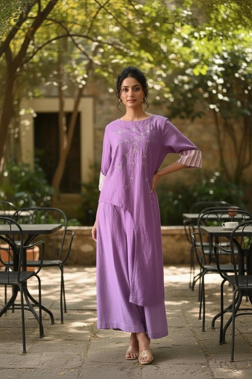 Lilac Embroidered Handloom Cotton Long Tunic Pants Coord Set