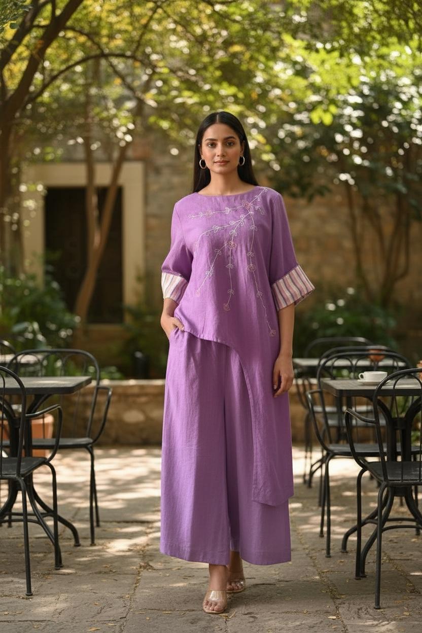 Lilac Embroidered Handloom Cotton Long Tunic