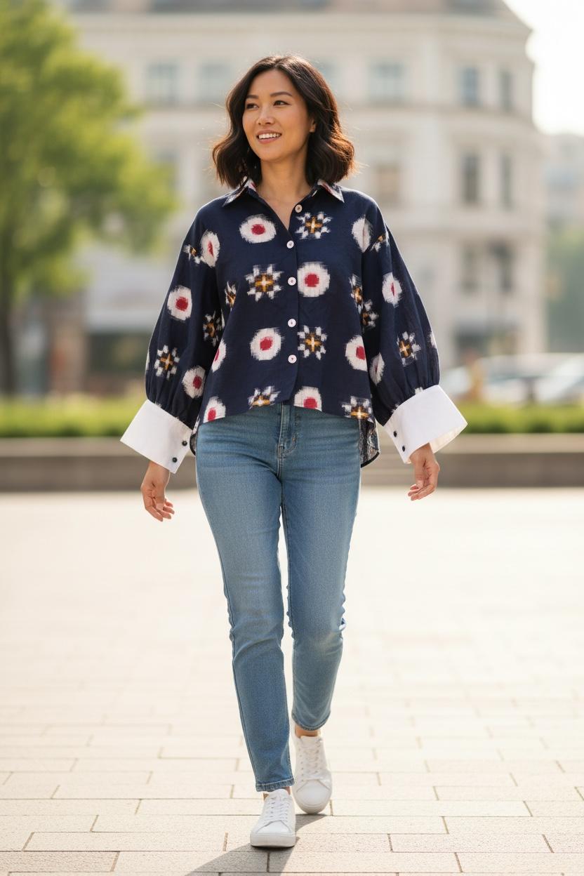 Ikat Navy Shirt with contrast sleeves