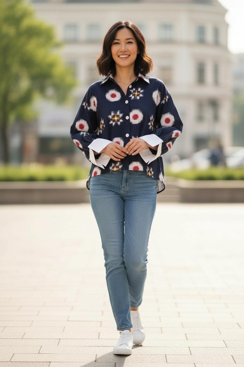 Ikat Navy Shirt with contrast sleeves