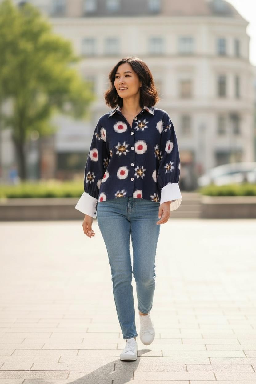 Ikat Navy Shirt with contrast sleeves