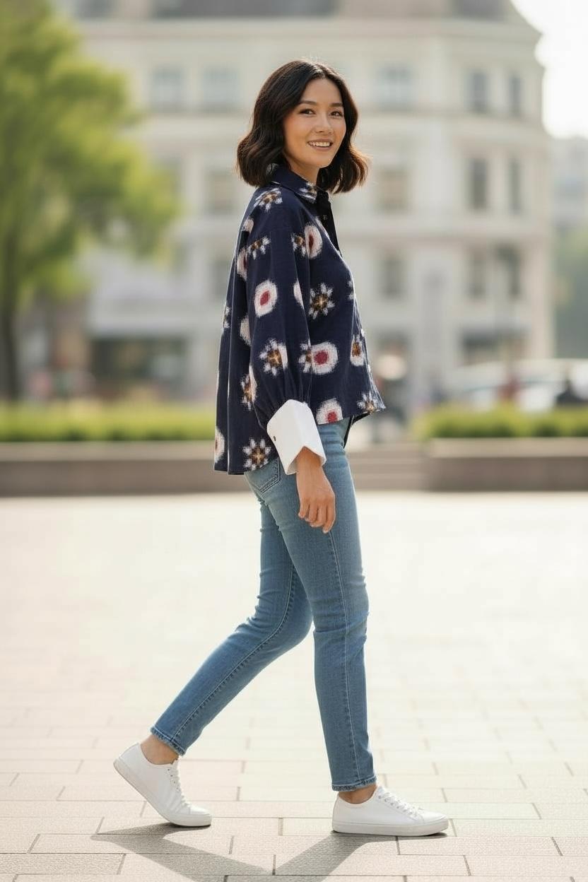 Ikat Navy Shirt with contrast sleeves