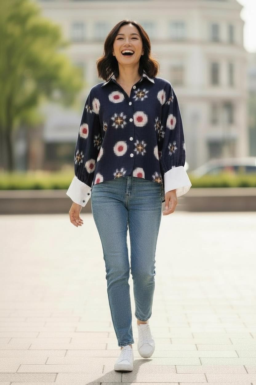 Ikat Navy Shirt with contrast sleeves