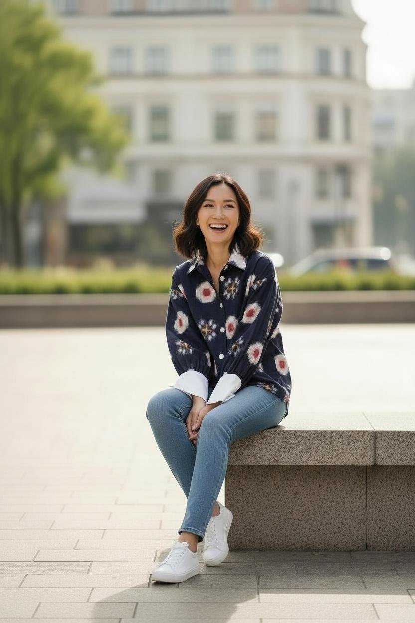 Ikat Navy Shirt with contrast sleeves