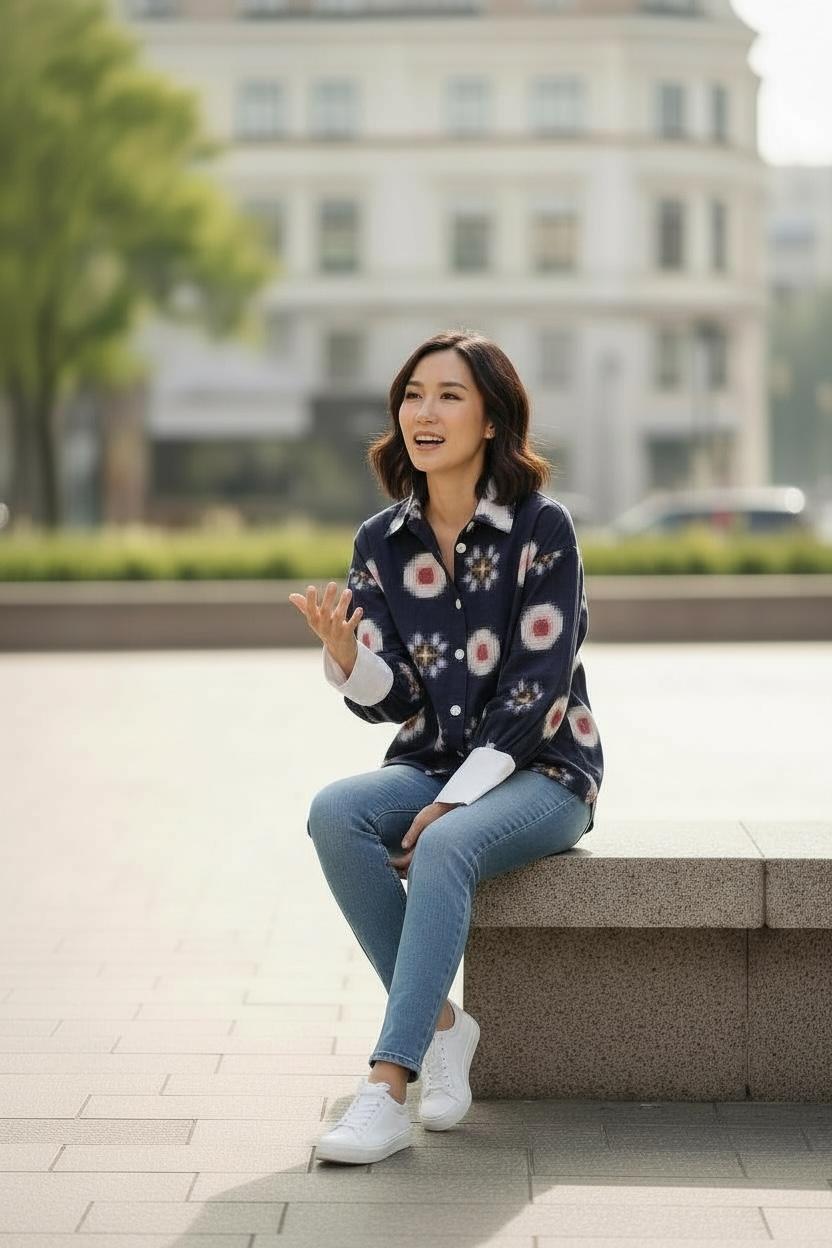 Ikat Navy Shirt with contrast sleeves