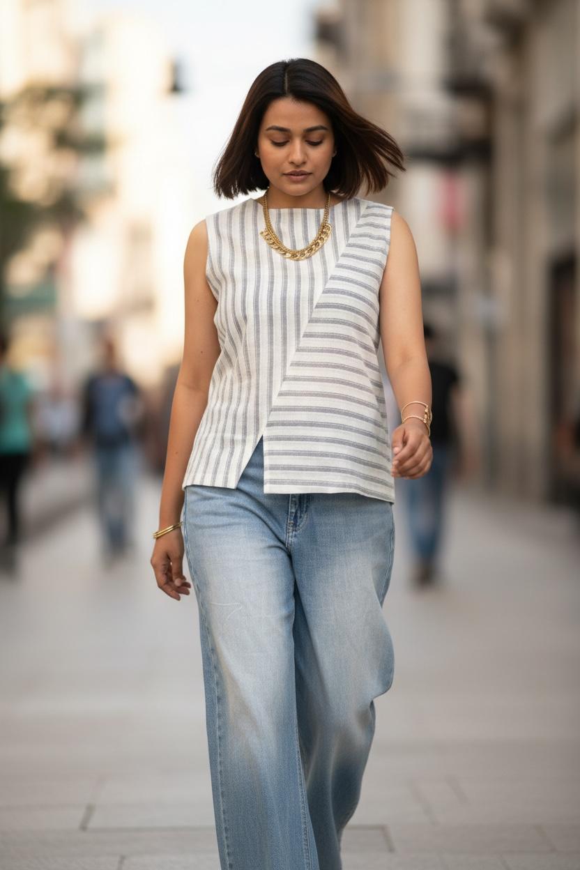 Handloom cotton top with Blue Stripes