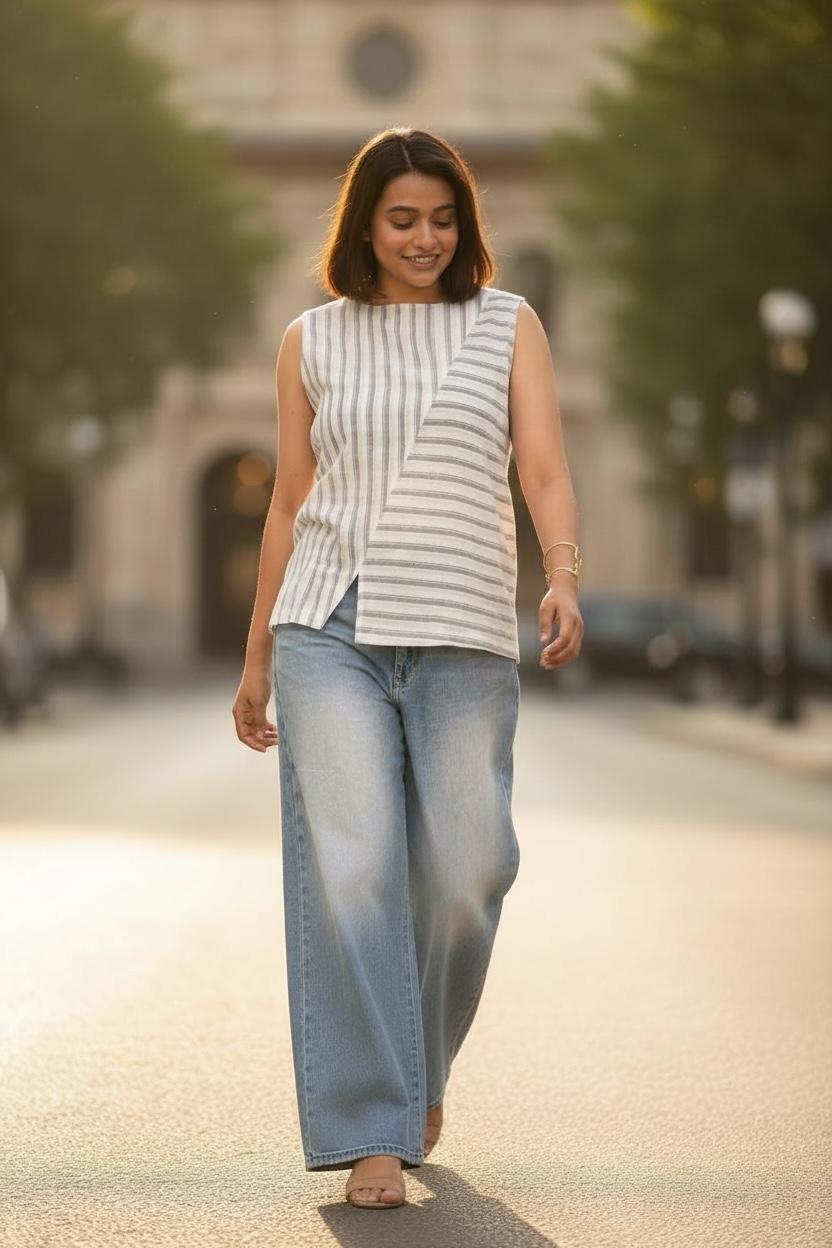 Handloom cotton top with Blue Stripes