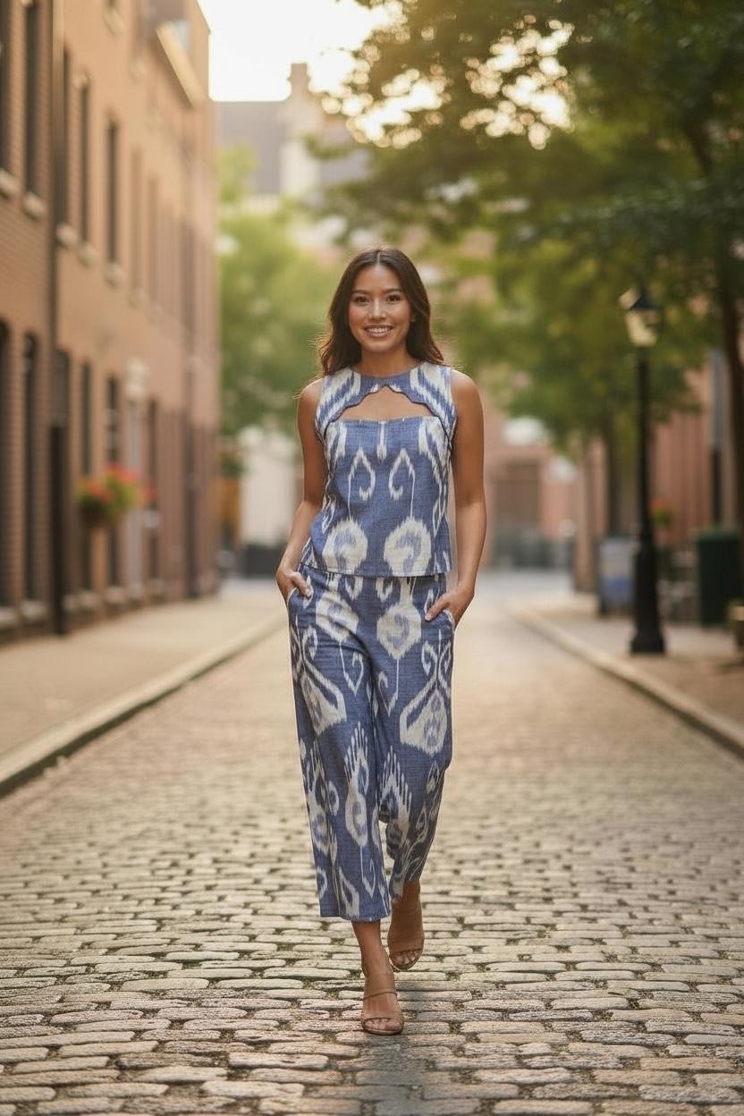 Blue Uzbeki Ikat woven Coord Set