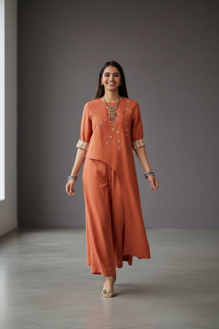 Earthy Brown Embroidered Handloom Cotton Long Tunic