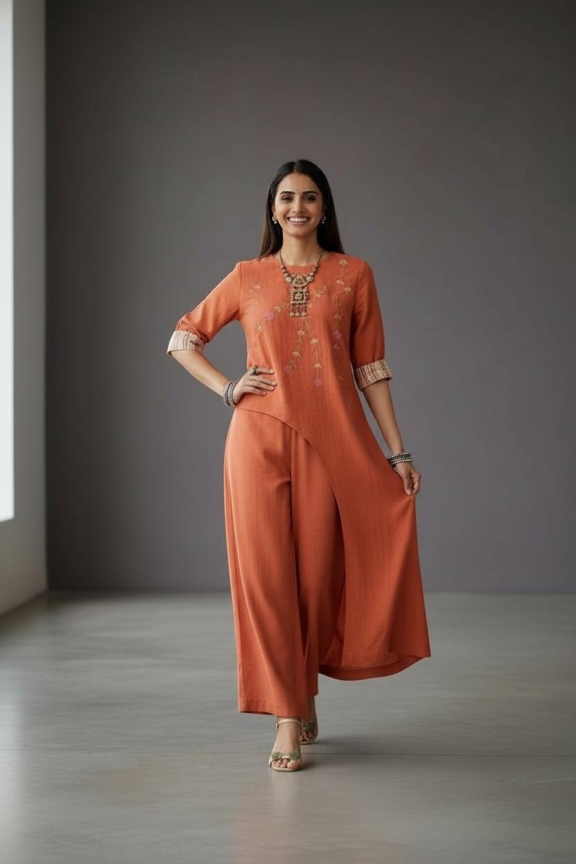 Earthy Brown Embroidered Handloom Cotton Long Tunic Coord Set