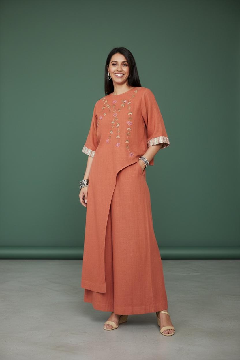 Earthy Brown Embroidered Handloom Cotton Long Tunic Coord Set