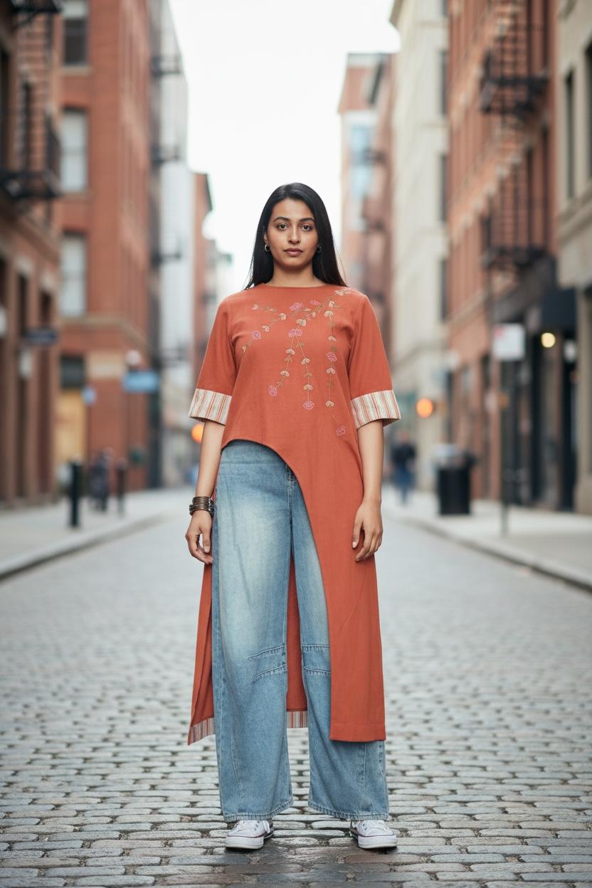 Earthy Brown Embroidered Handloom Cotton Long Tunic
