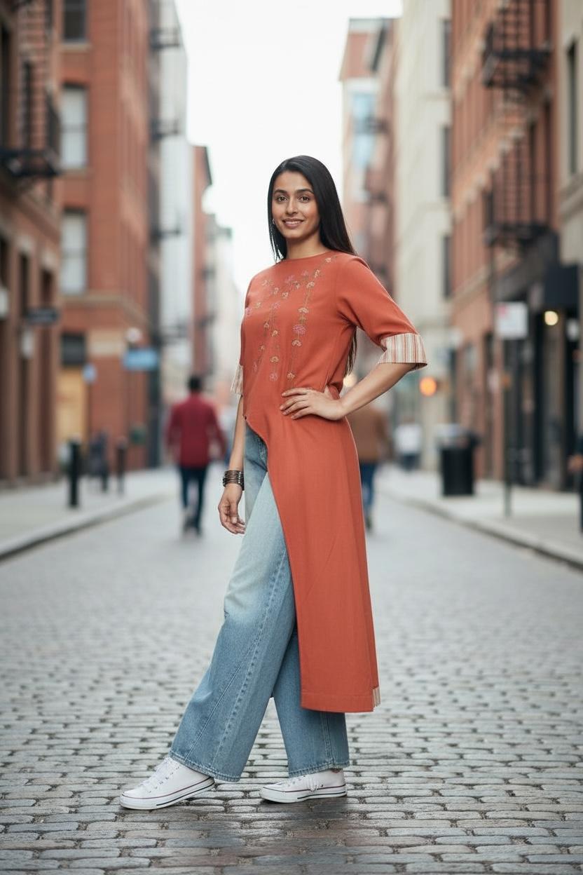 Earthy Brown Embroidered Handloom Cotton Long Tunic