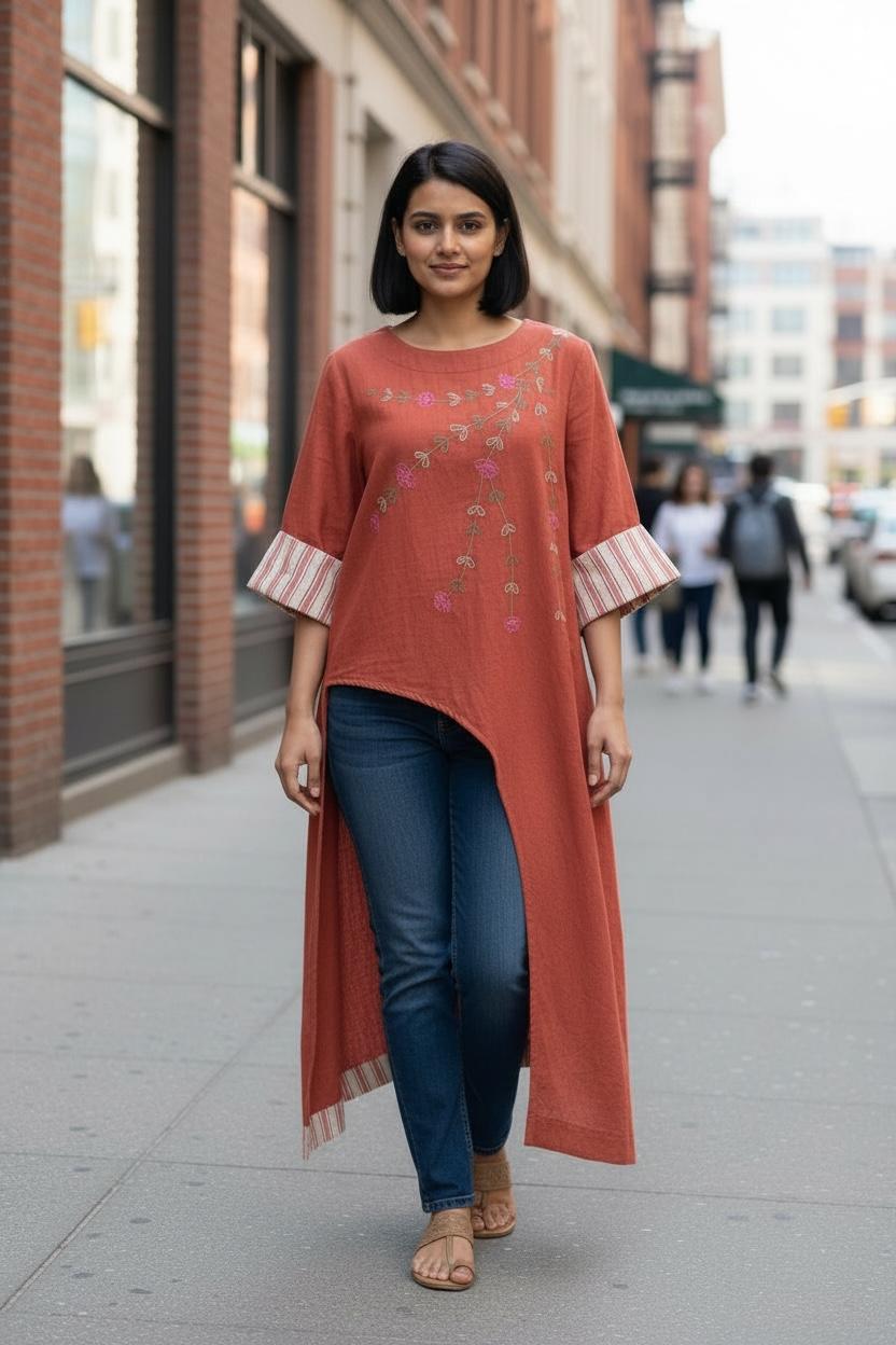 Earthy Brown Embroidered Handloom Cotton Long Tunic