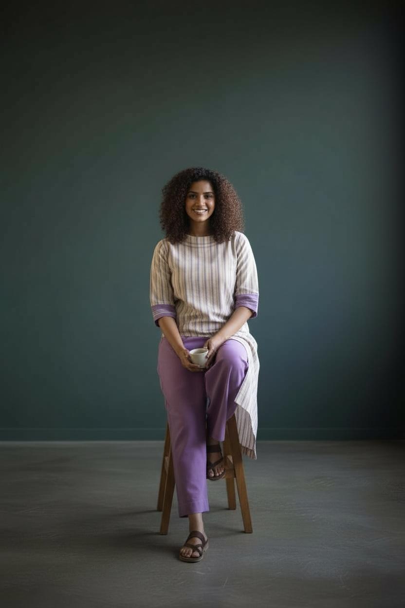 Lilac Handloom Striped long tunic Coord Set