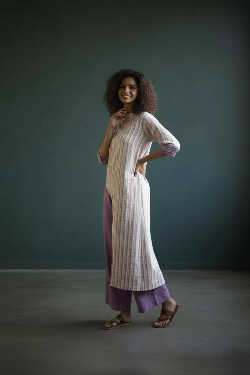 Lilac Handloom Striped long tunic Coord Set