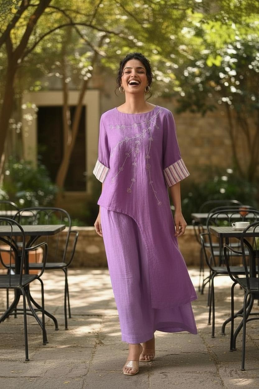 Lilac Embroidered Handloom Cotton Long Tunic